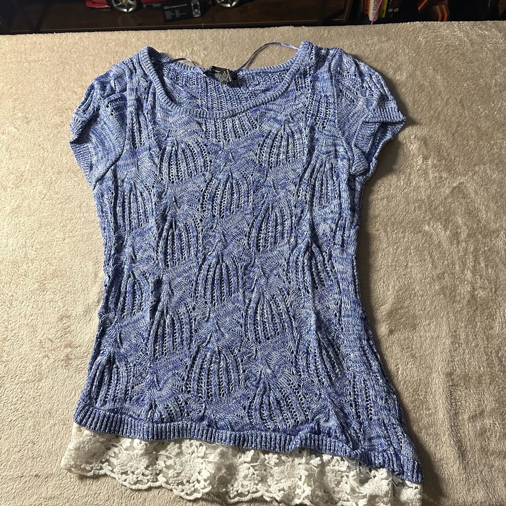 INC International Concepts Blue Knit Top with Lace Hem